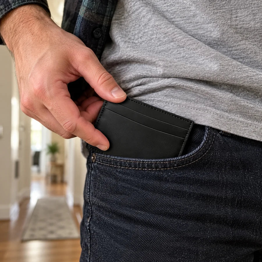 Portacarte nero nella tasca dei jeans