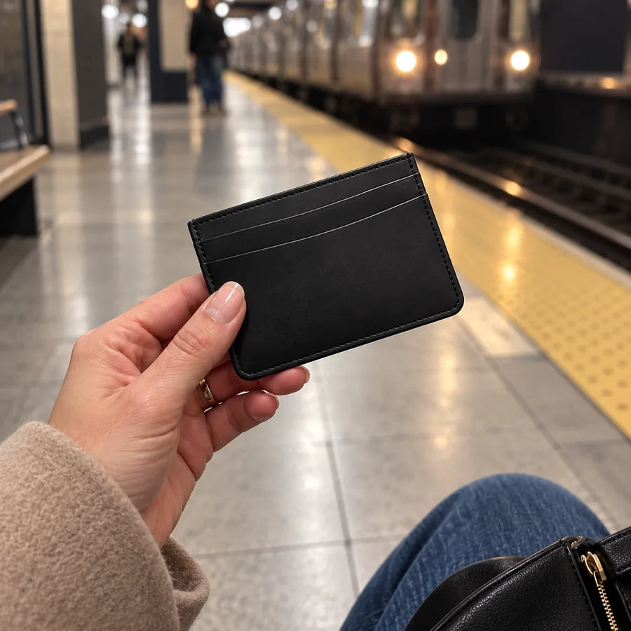 Cliente con il portacarte nero in metropolitana