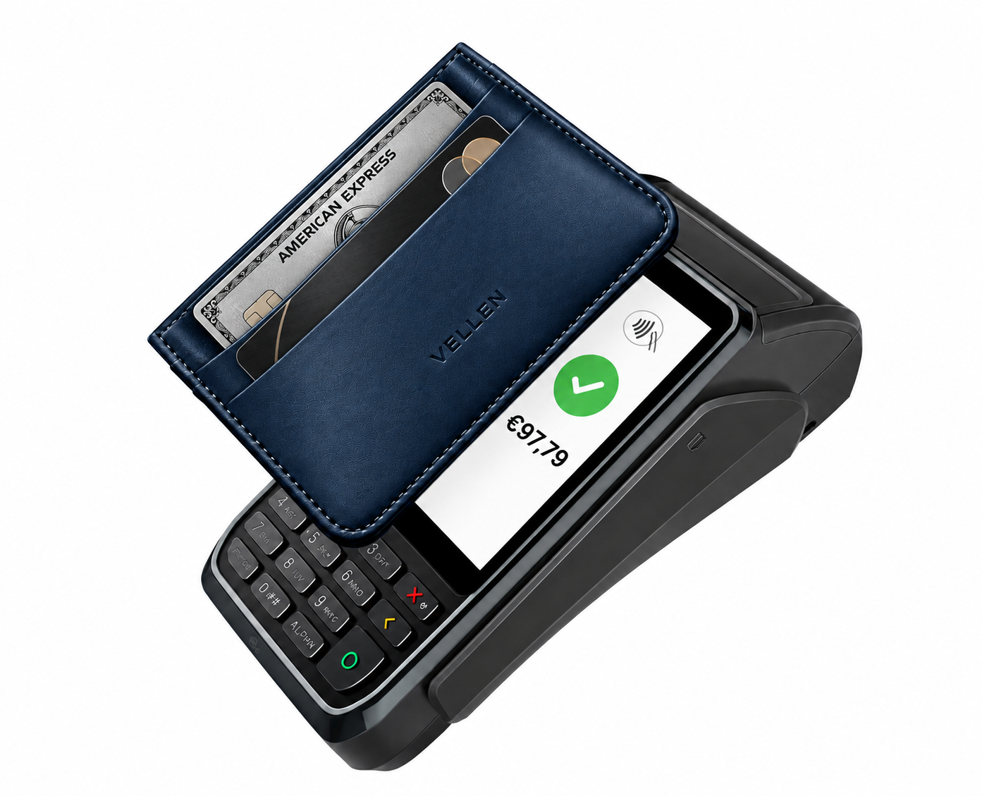 Portacarte blu usato per un pagamento contactless